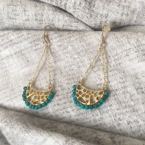 Turquoise Beaded Fan Earrings with Gold Tone Metal | Boho Statement Drop